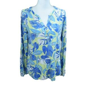 CAPPAGALLO Women's SMALL Long Sleeve V-Neck Blouse Tropical Leaf
